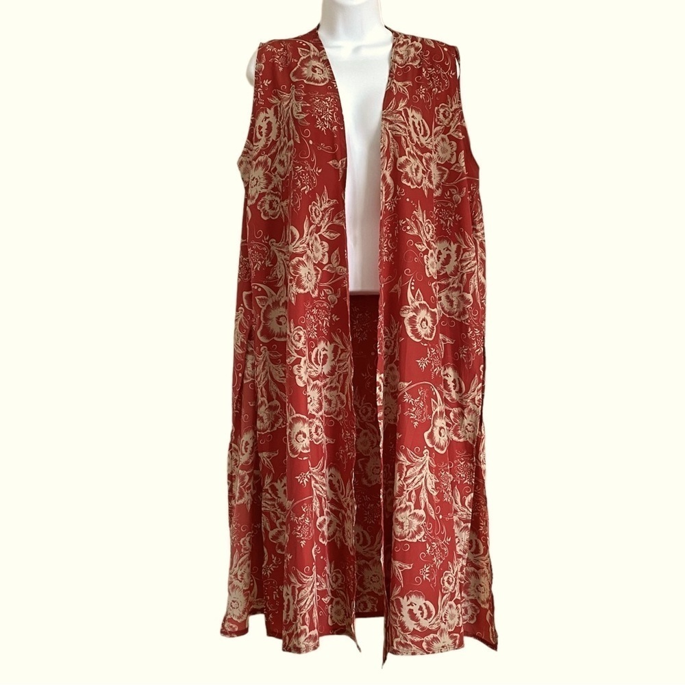 Red Floral Longline Duster Sleeveless Vest Large Casual